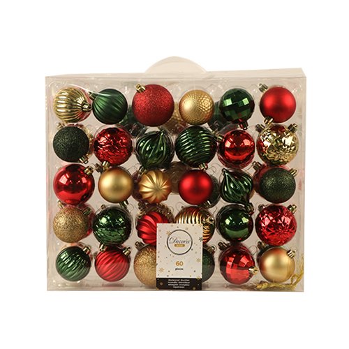 Decoris Kerstballen Mix 60 st. - Rood/Groen/Goud - 