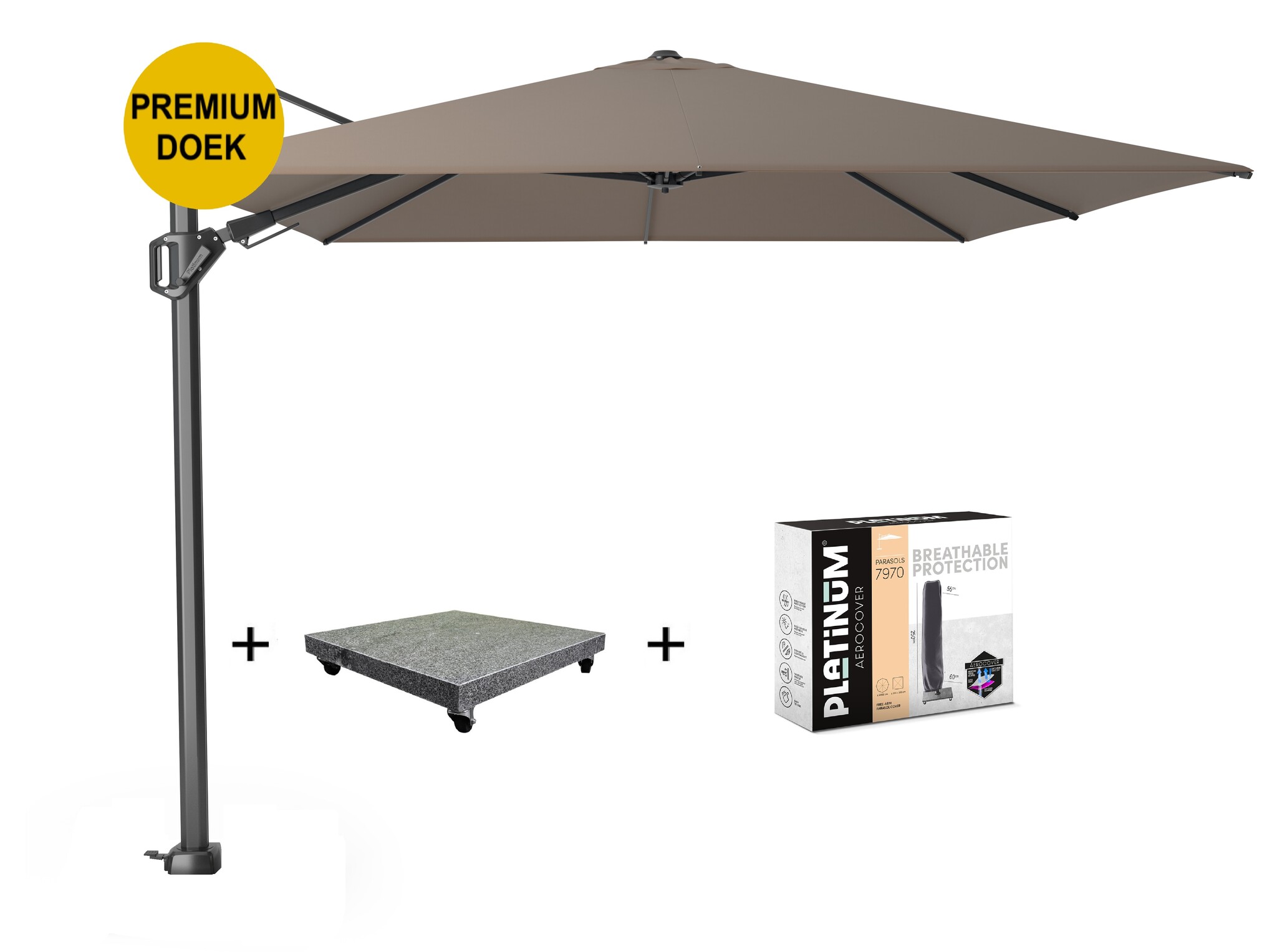 Platinum Challenger T2 premium zweefparasol 350x260 cm havanna  met parasolvoet 90kg en hoes