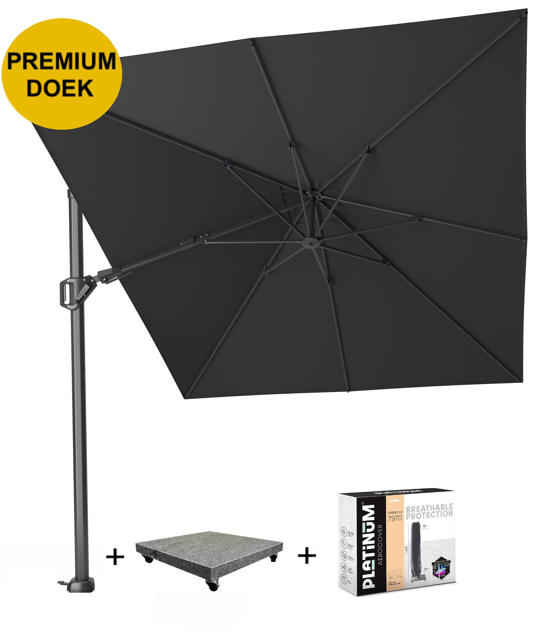 Platinum Challenger T2 premium zweefparasol 350x260 cm faded black met parasolvoet 90kg en hoes