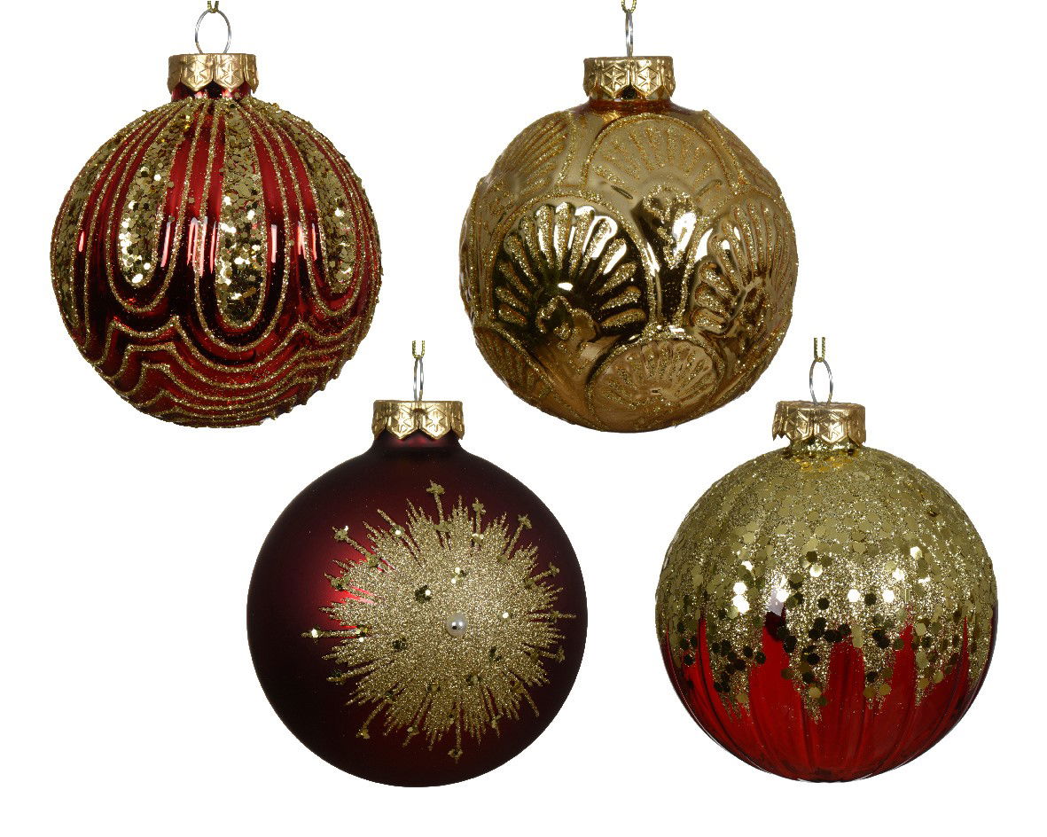 Decoris Kerstbal glas d8 cm rood/goud a4 - 