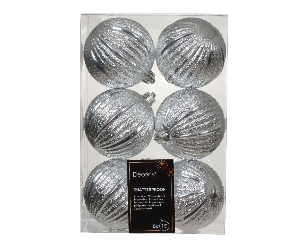 Decoris Kerstbal kunststof d8 cm zilver 6st - 