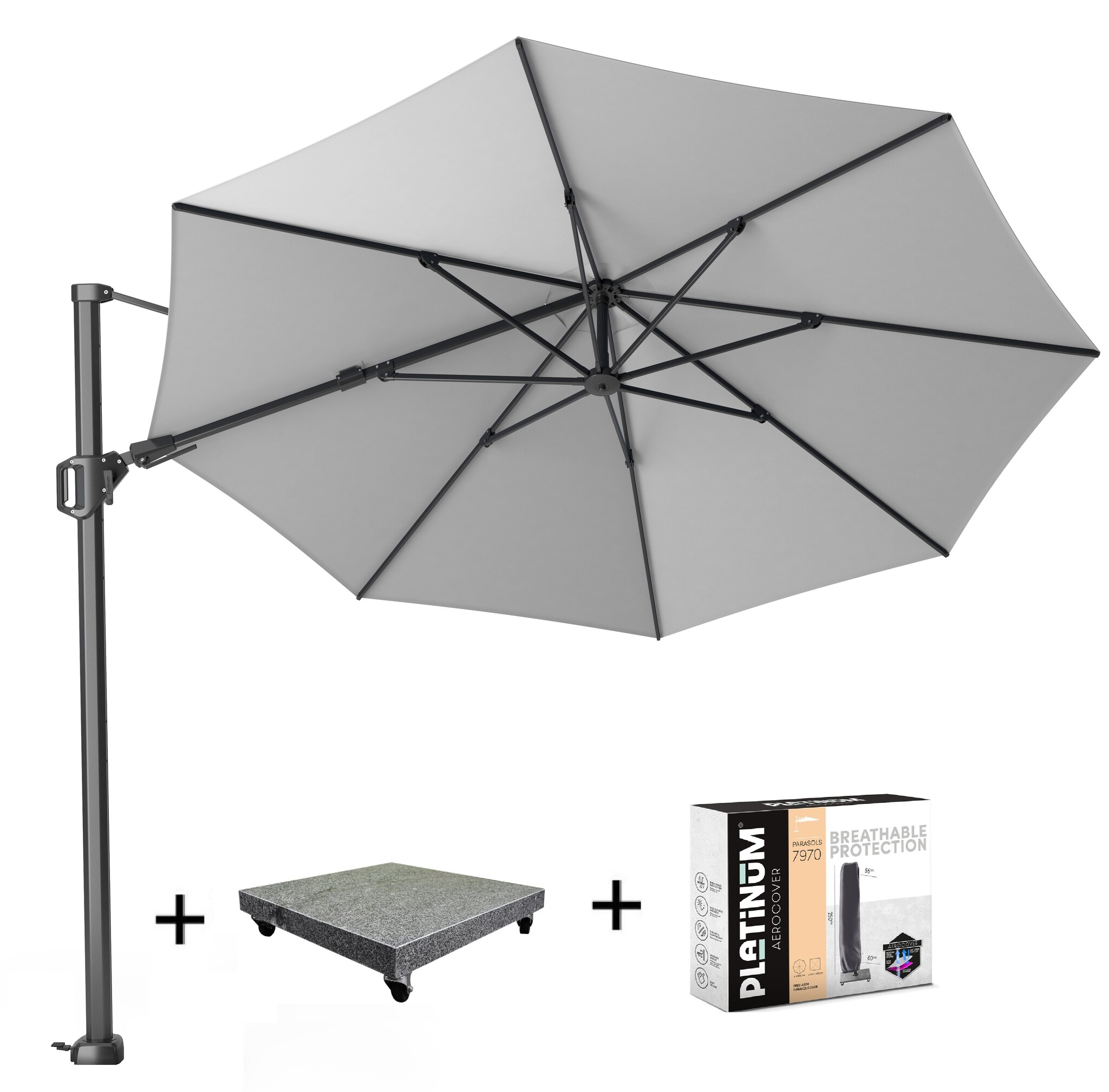 Platinum Challenger T2 zweefparasol 350 cm rond lichtgrijs met 90KG voet en hoes