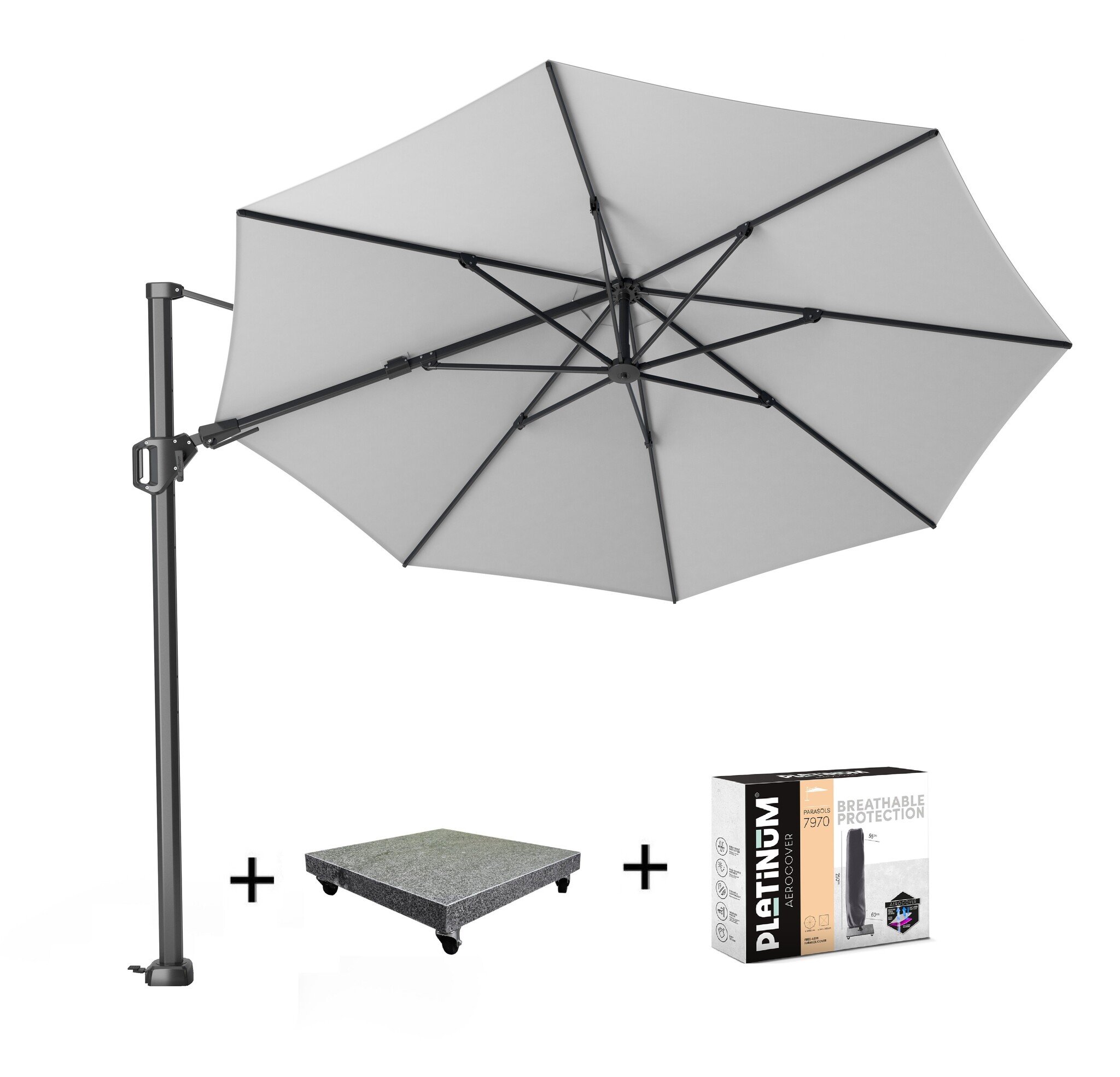 Platinum Challenger T2 zweefparasol 350 cm rond wit met 90KG voet en hoes