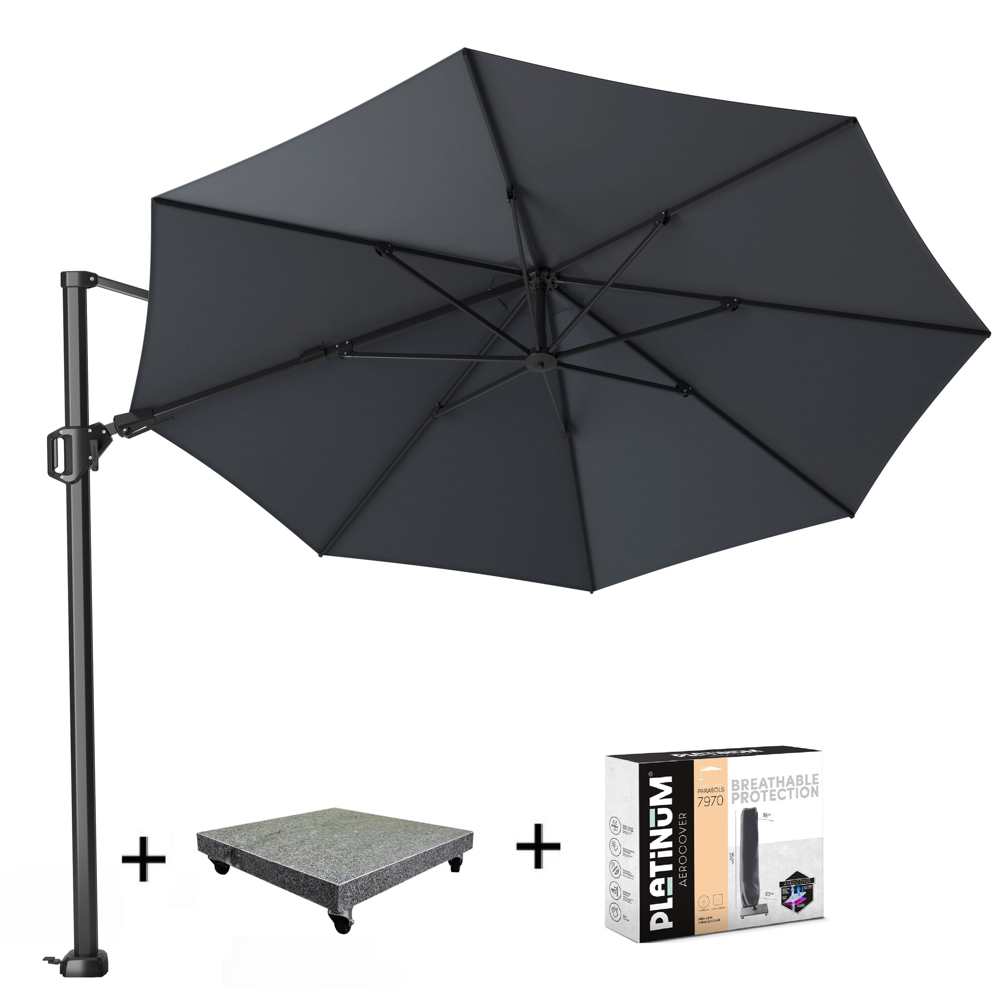 Platinum Challenger T2 zweefparasol 350 cm rond antraciet met 90KG voet en hoes