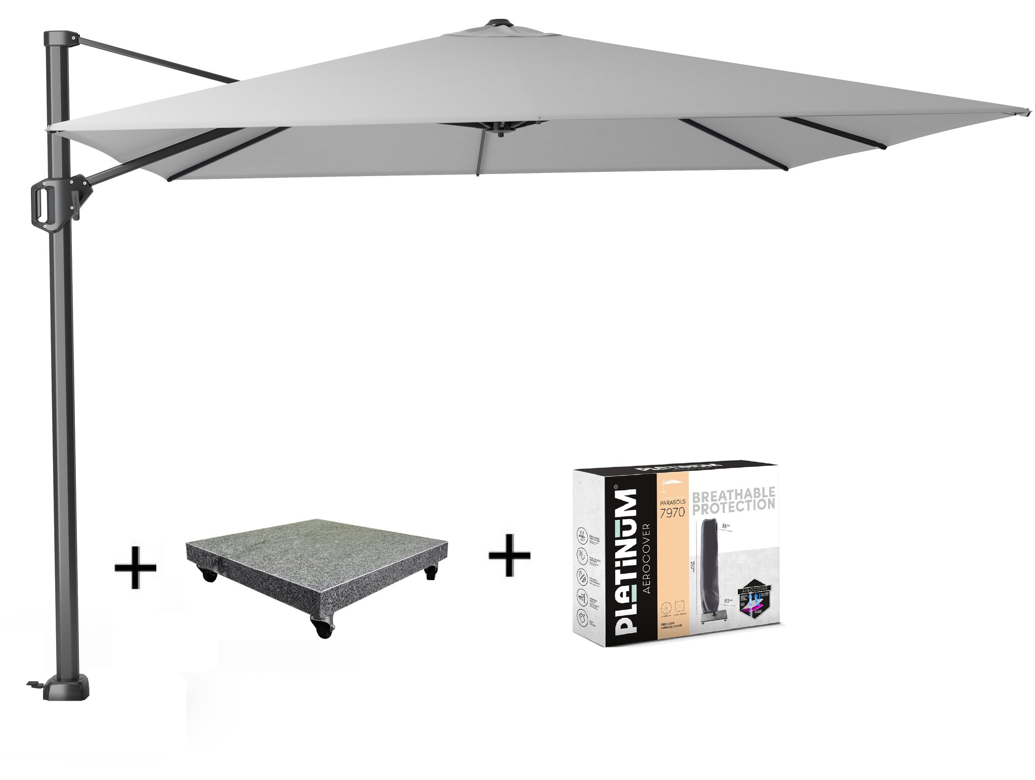 Platinum Challenger T1 zweefparasol 300x300 cm lichtgrijs met 90KG voet en hoes