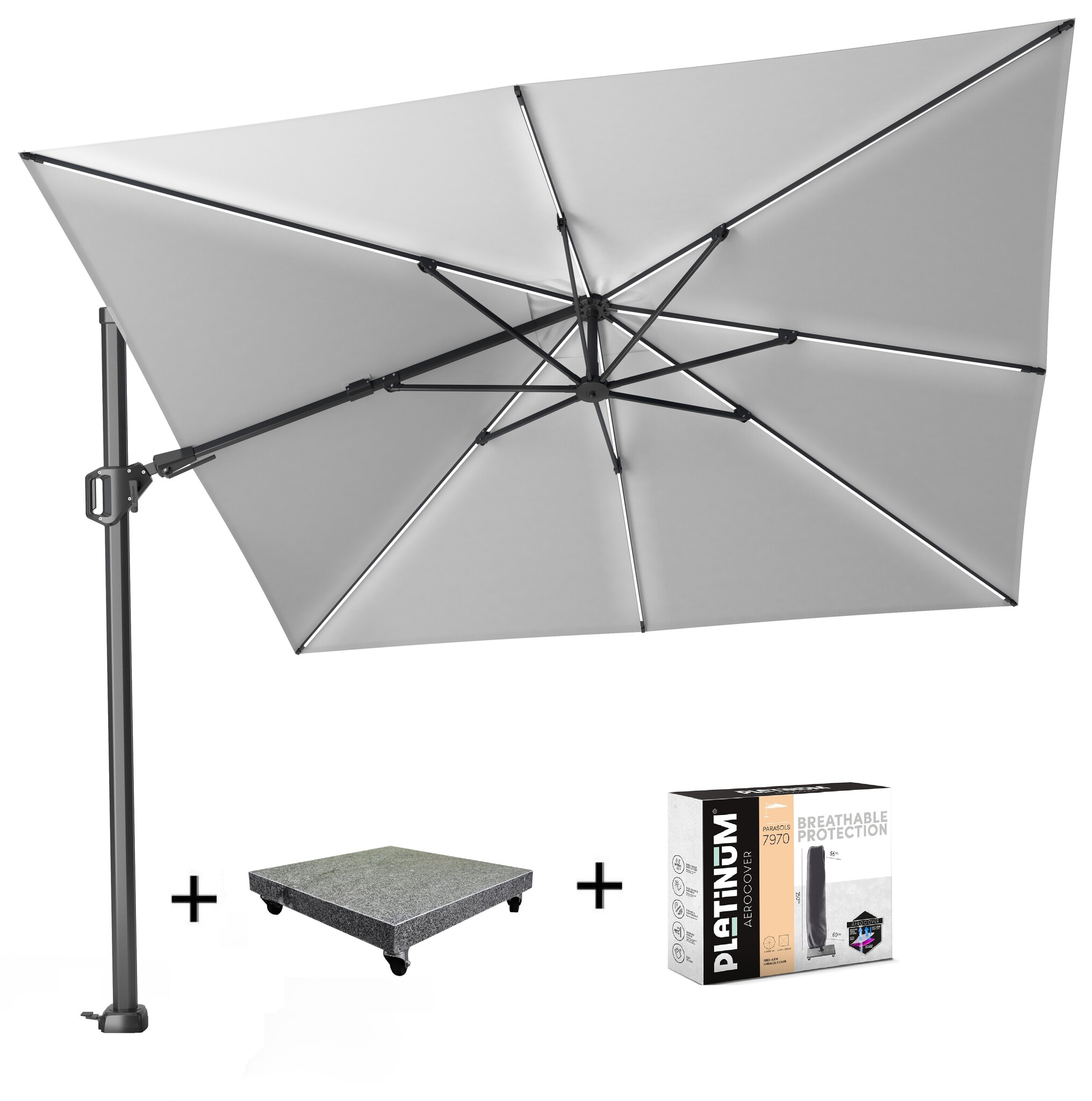 Platinum Challenger T2 glow zweefparasol 300x300 cm lichtgrijs met 90KG voet en hoes