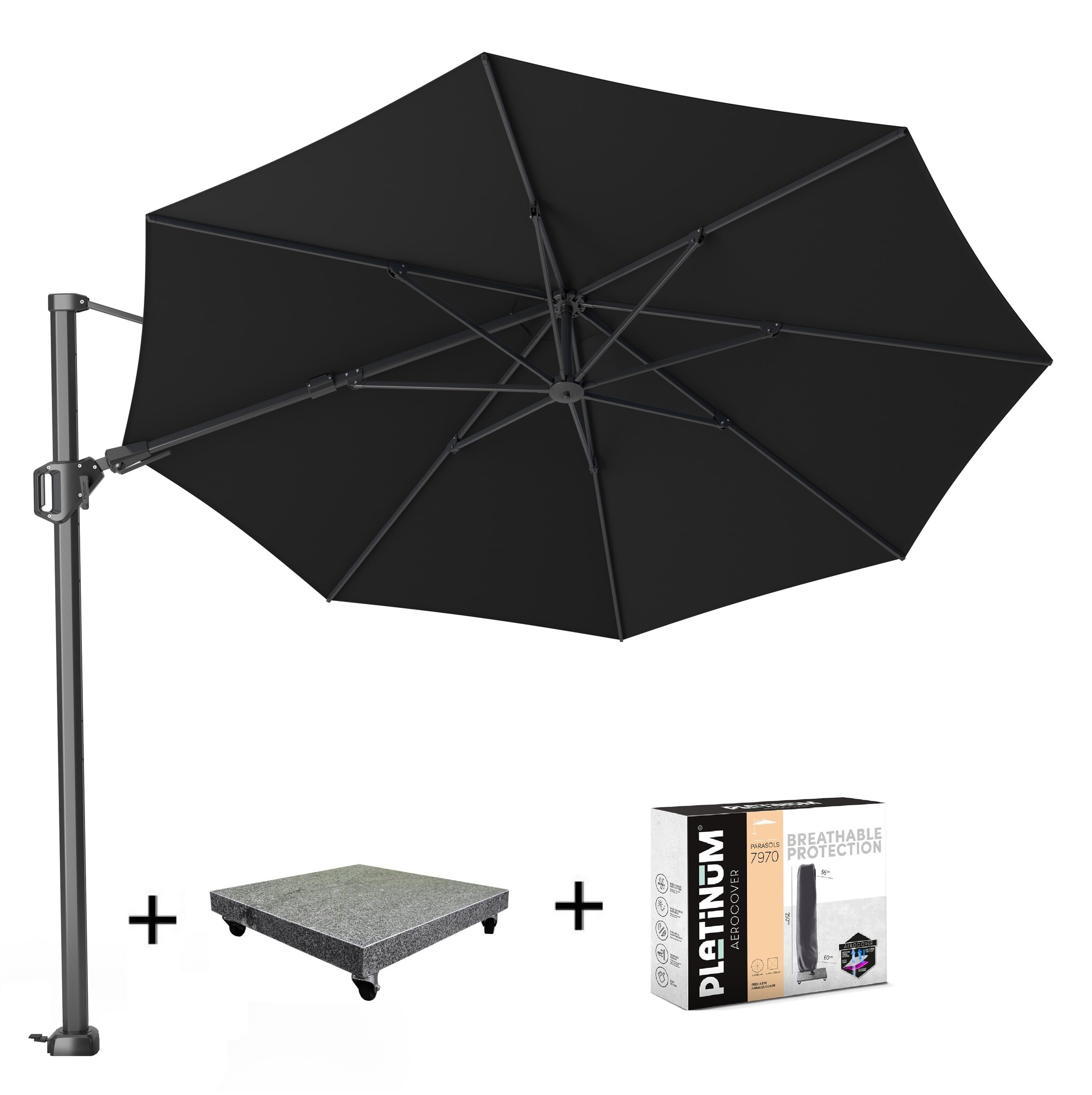 Platinum Challenger T2  zweefparasol 350 cm rond zwart met 90KG voet en hoes