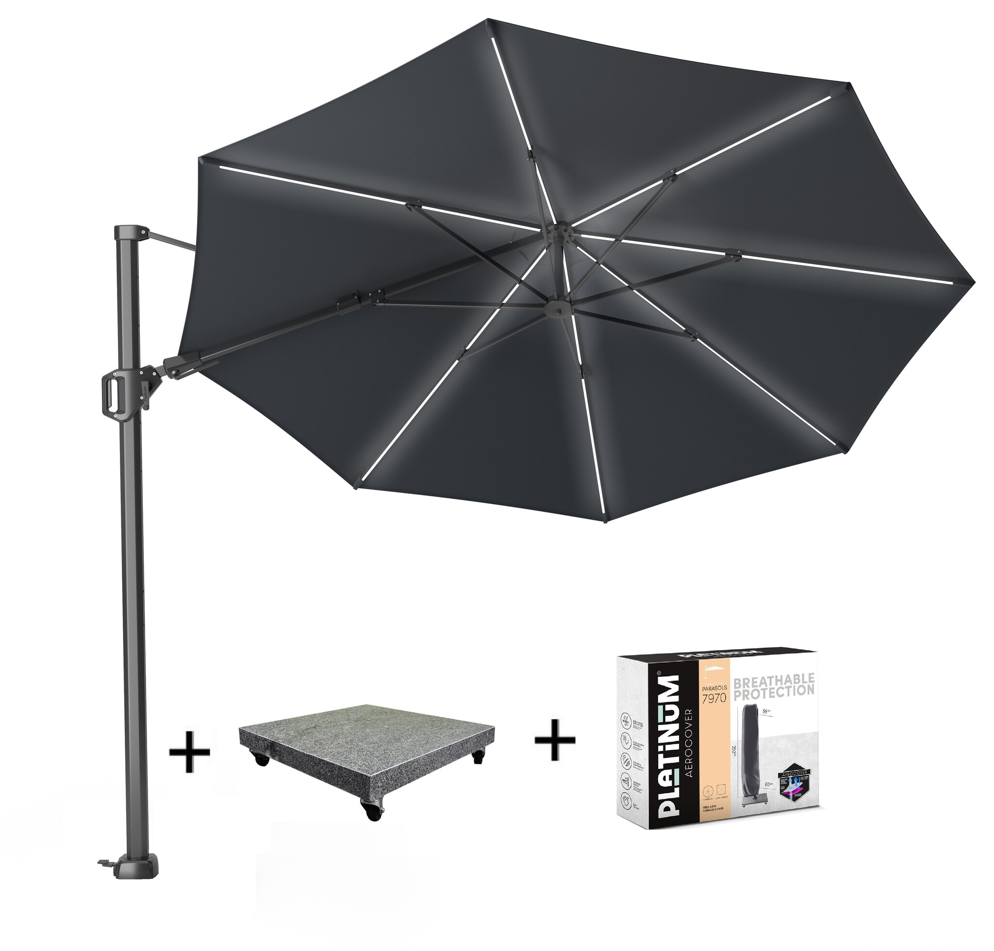 Platinum Challenger T2 glow zweefparasol 350 cm rond antraciet met 90KG voet en hoes