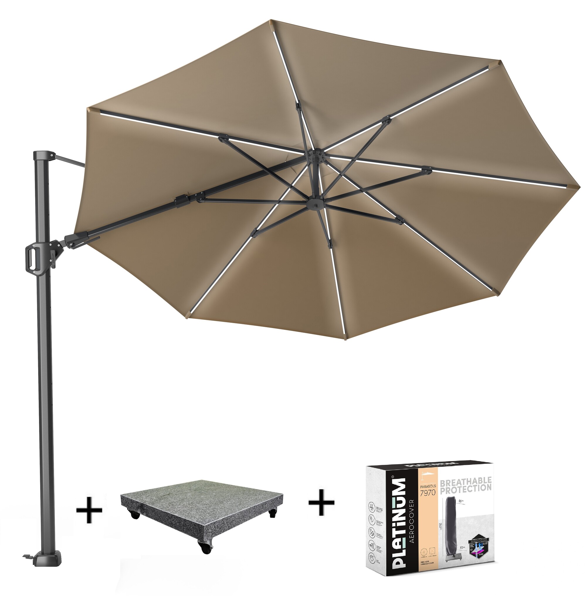 Platinum Challenger T2 glow zweefparasol 350 cm rond taupe met 90KG voet en hoes