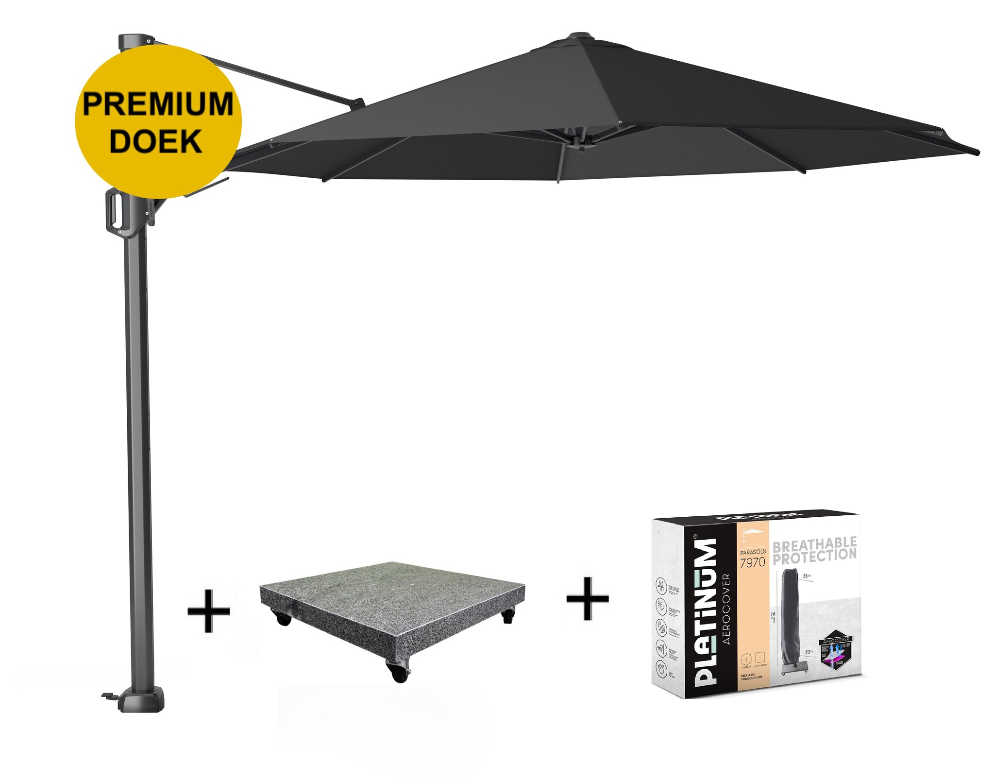 Platinum Challenger T2 premium zweefparasol 350 cm rond faded black met 90KG voet en hoes