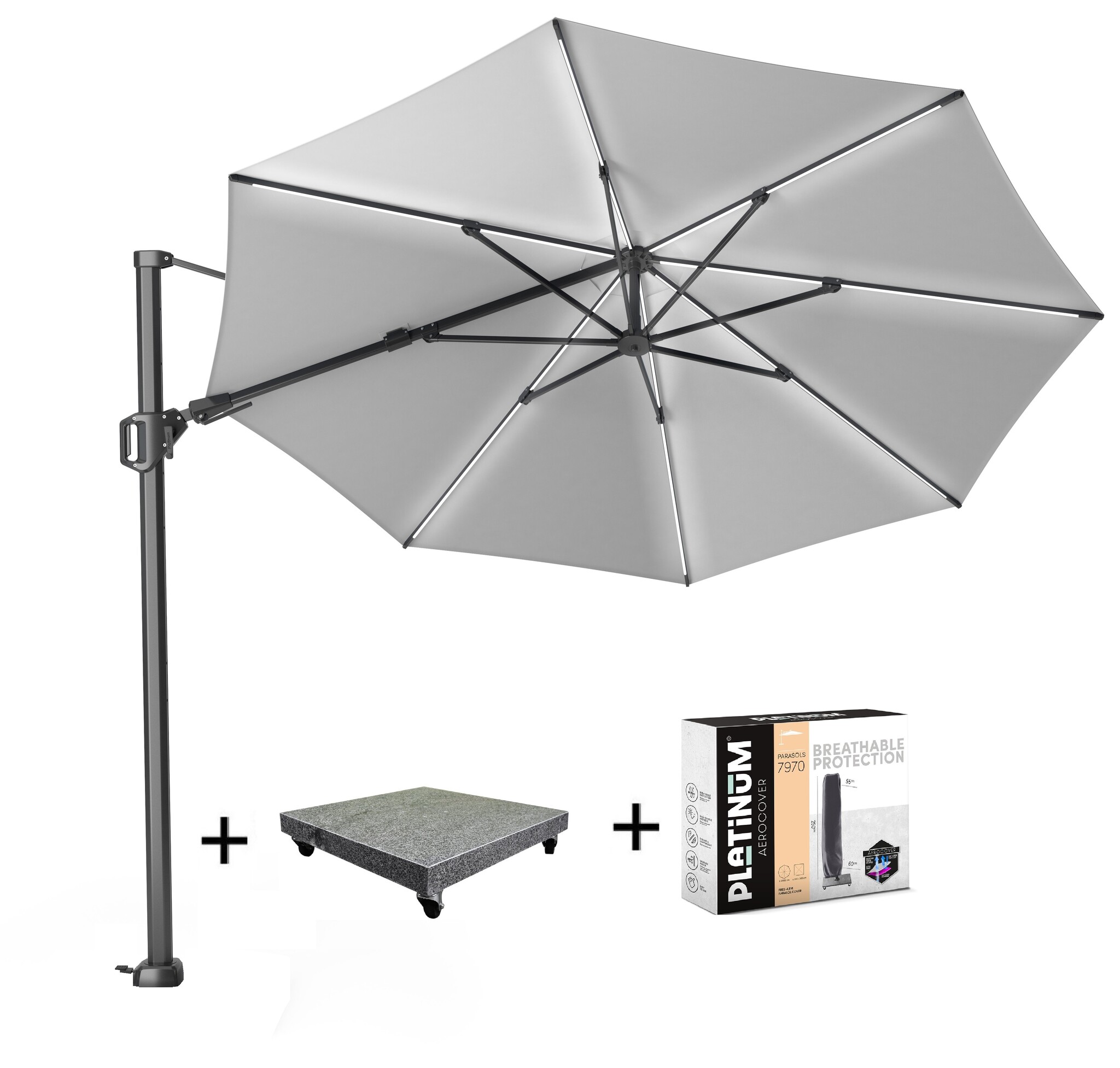 Platinum Challenger T2 glow zweefparasol 350 cm rond lichtgrijs met 90KG voet en hoes