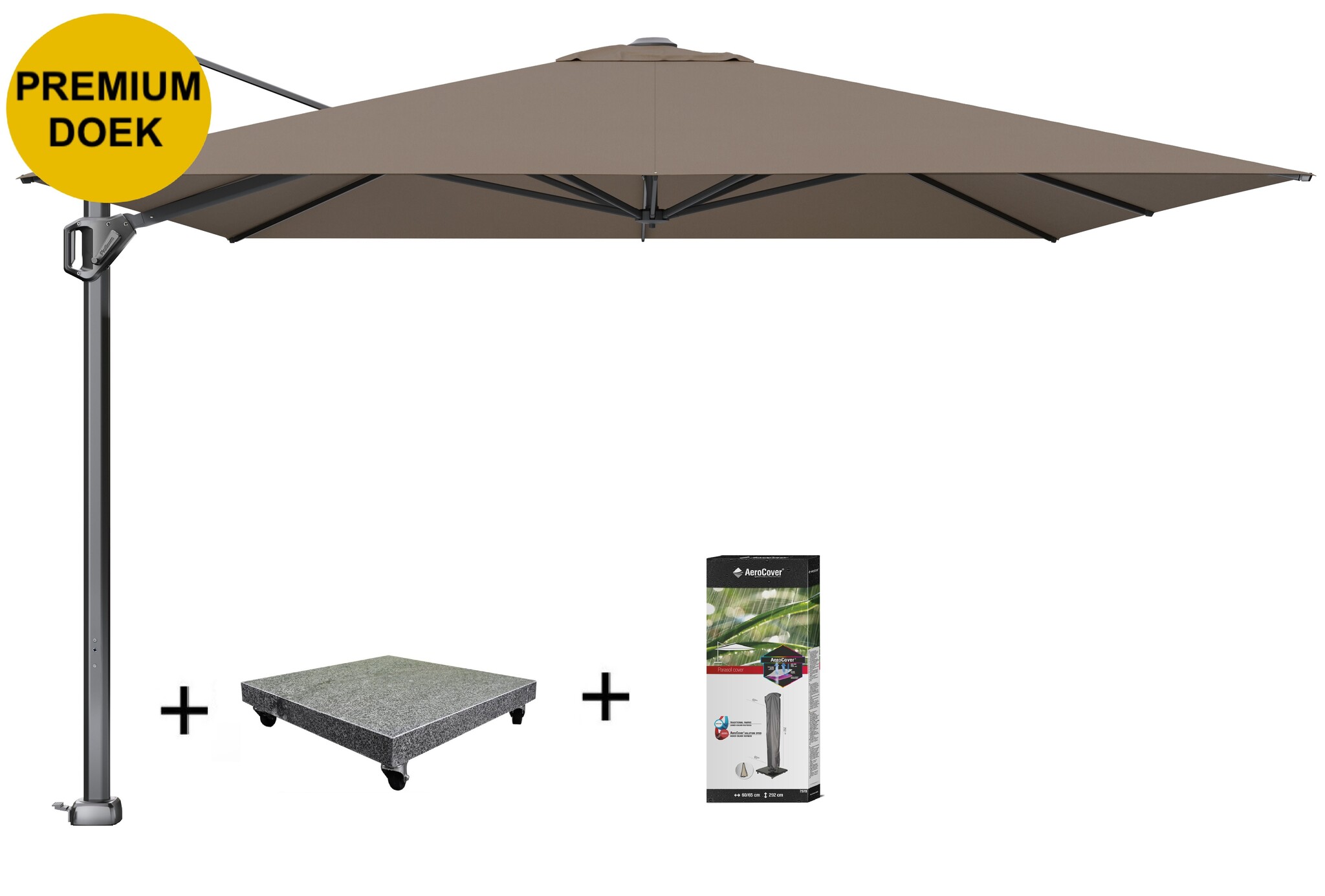 Platinum Challenger T1 telescope premium zweefparasol 350x350 cm havanna met 120KG voet en hoes