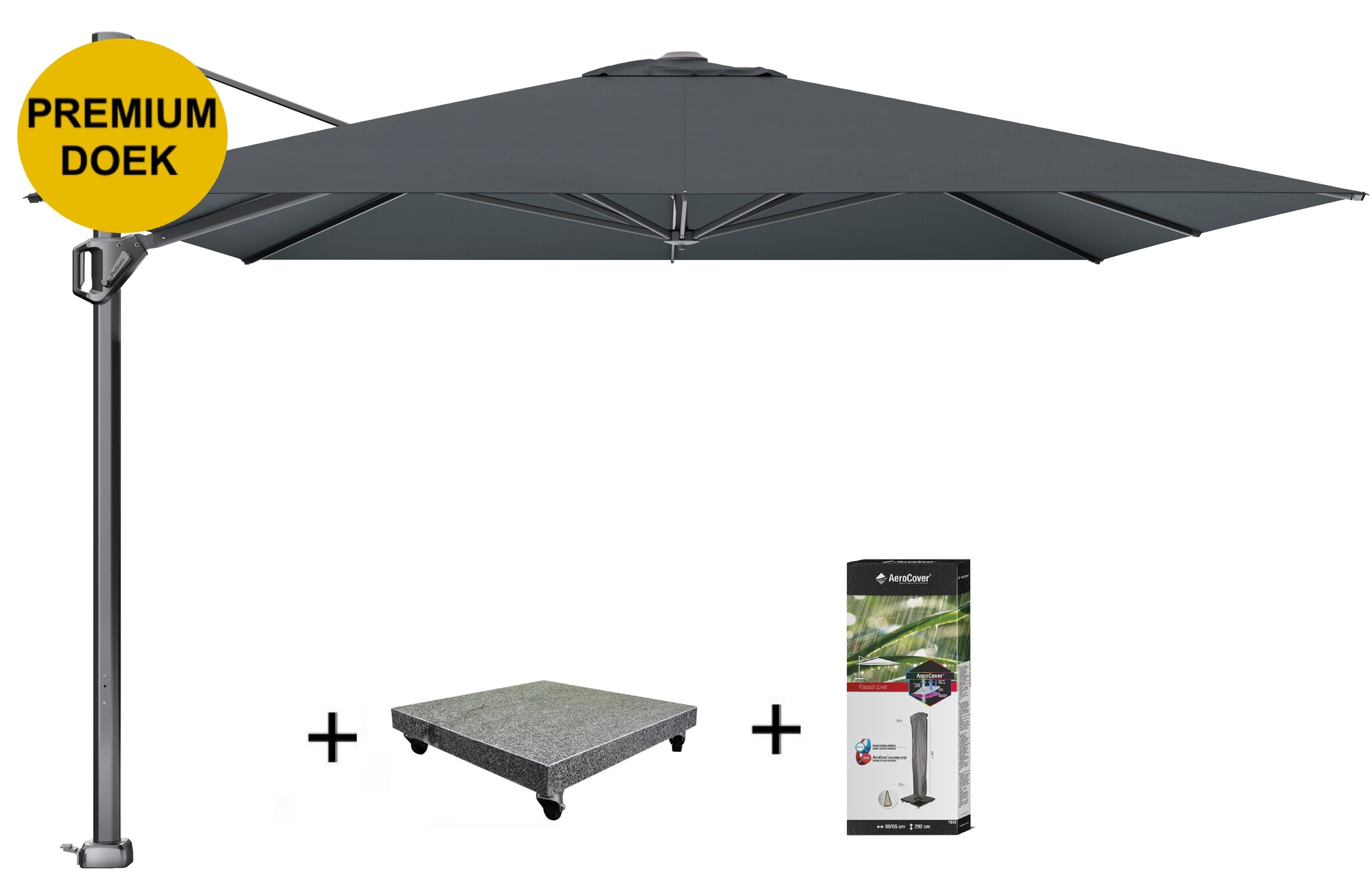 Platinum Challenger T1 telescope premium zweefparasol 350x350 cm faded black met 120 KG voet en hoes