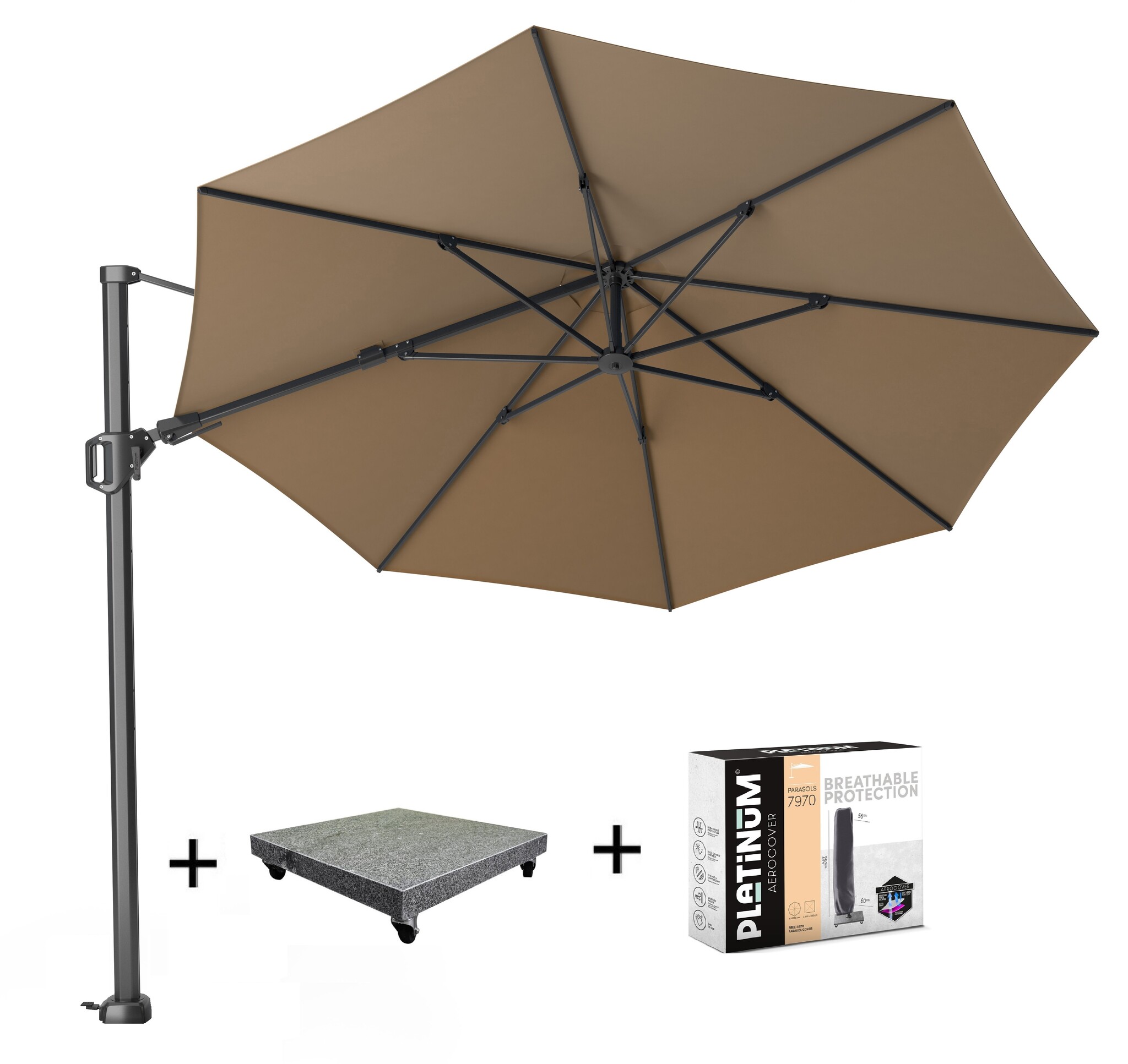 Platinum Challenger T2 zweefparasol 350 cm rond taupe met 90KG voet en hoes