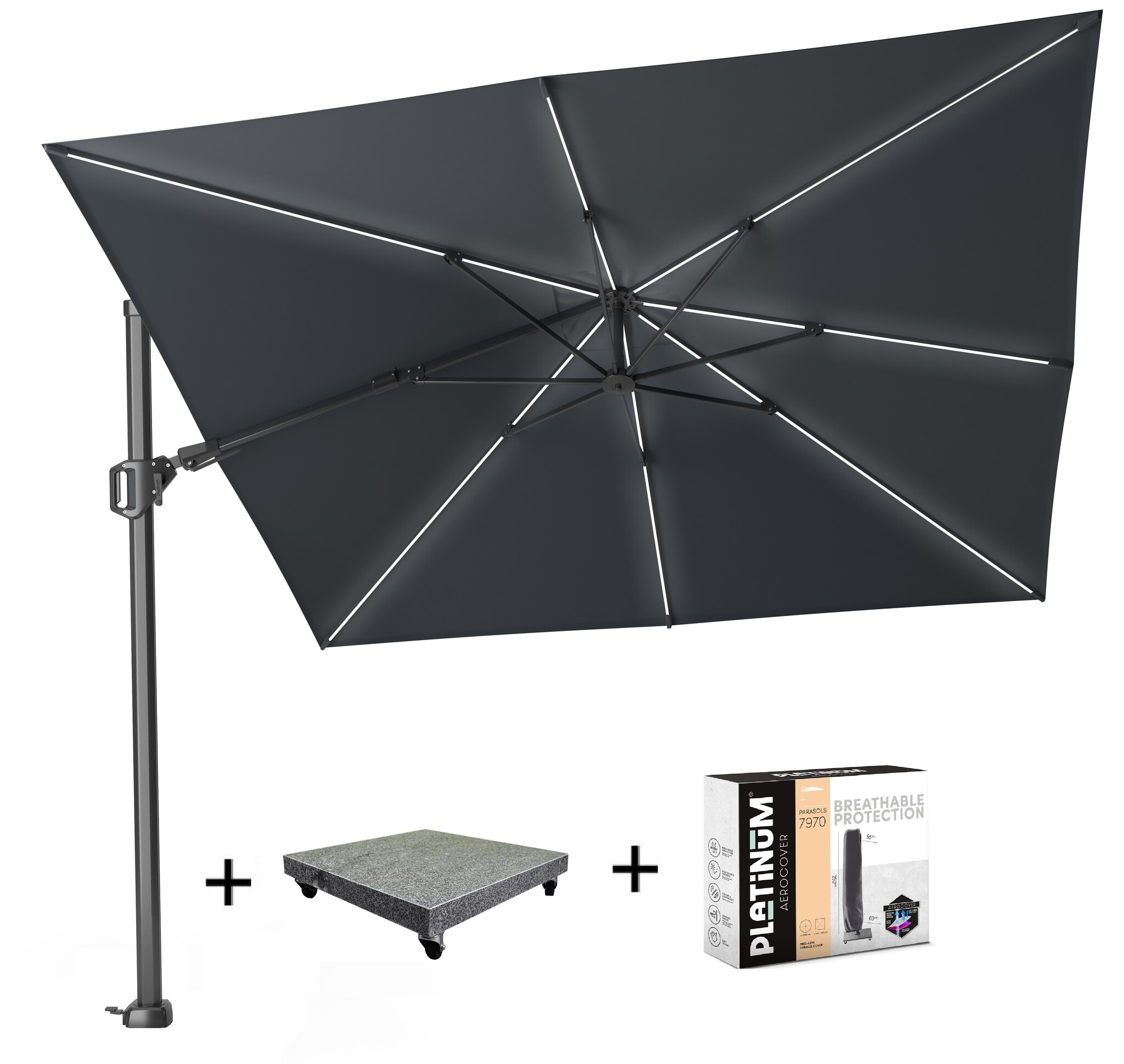 Platinum Challenger T2 glow zweefparasol 300x300 cm antraciet met 90KG voet en hoes