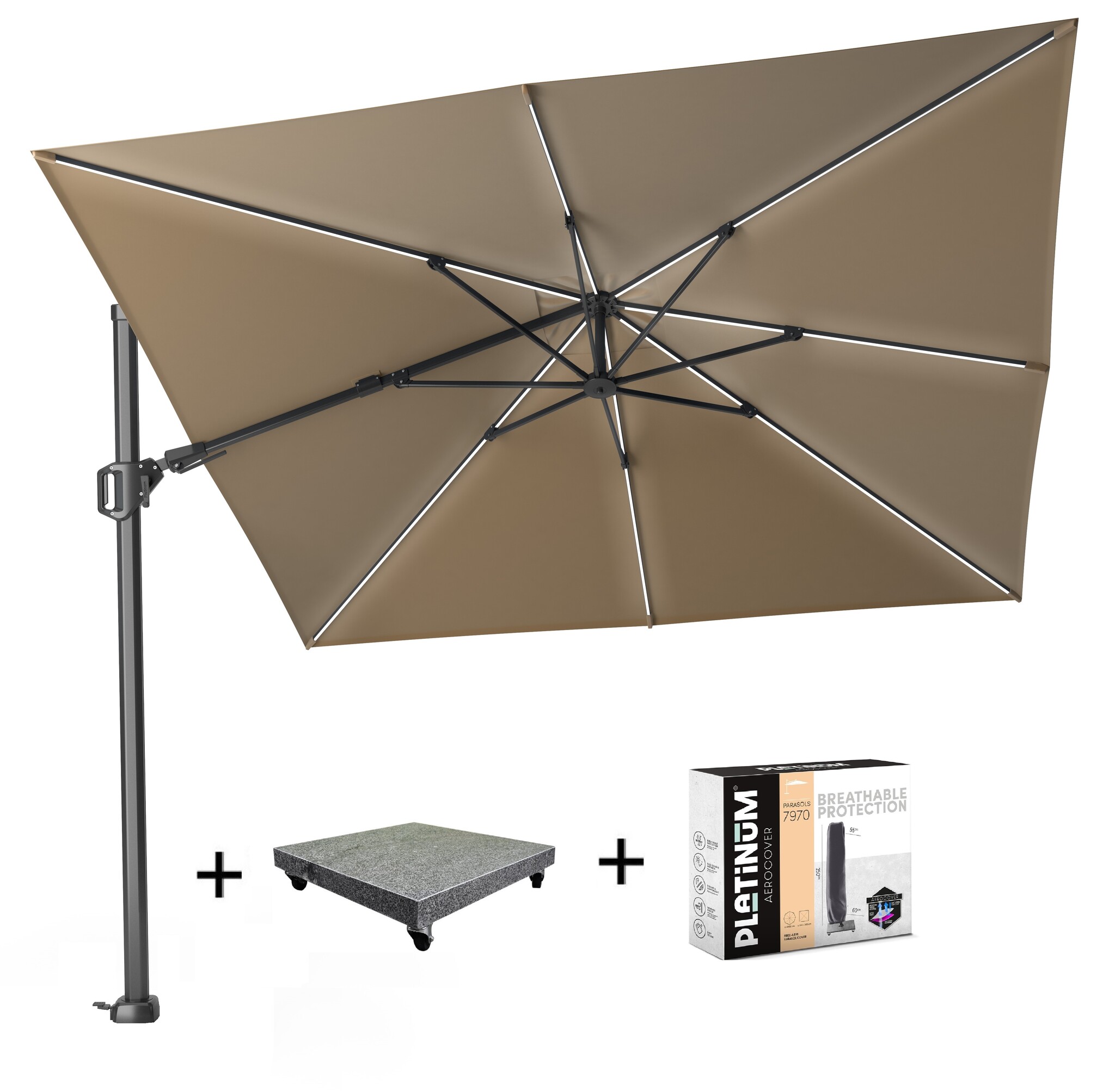 Platinum Challenger T2 glow zweefparasol 300x300 cm taupe met 90KG voet en hoes