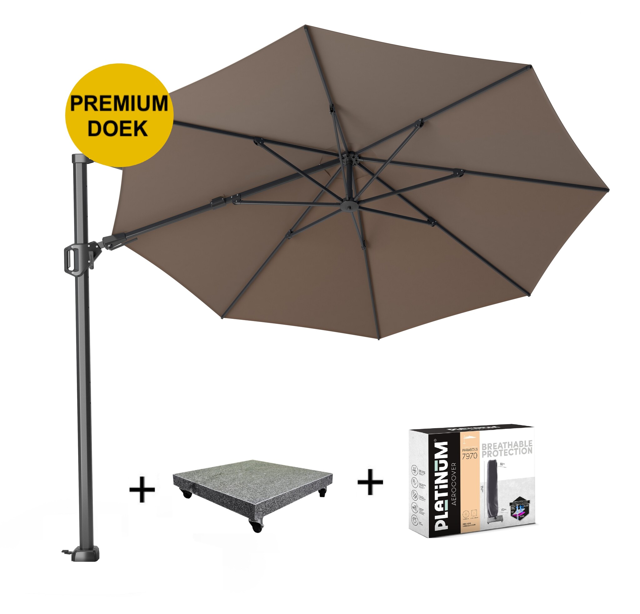 Platinum Challenger T2 premium zweefparasol 350 cm rond havanna met 90KG voet en hoes