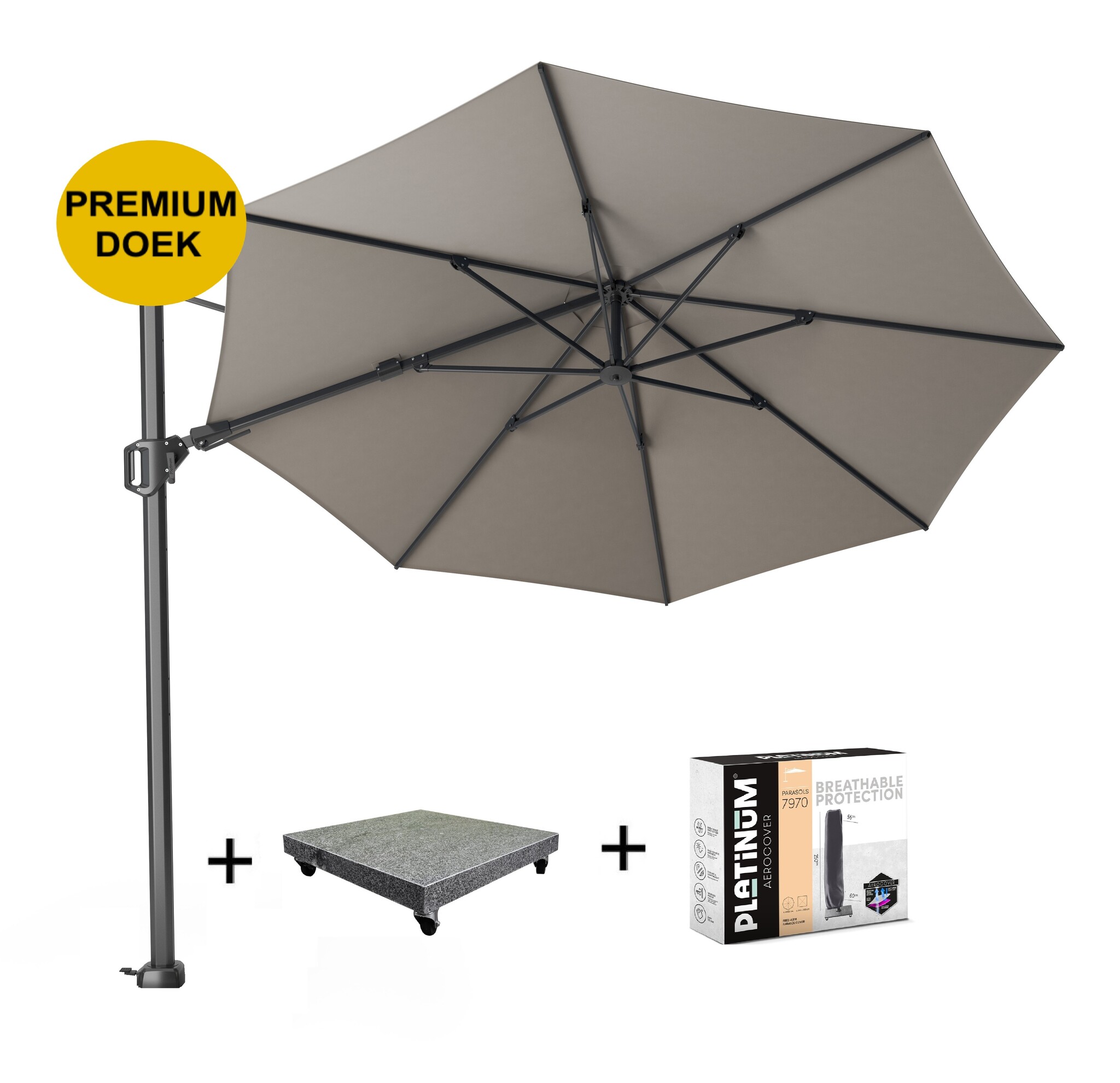 Platinum Challenger T2 premium zweefparasol 350 cm  rond manhattan met 90 KG voet en hoes