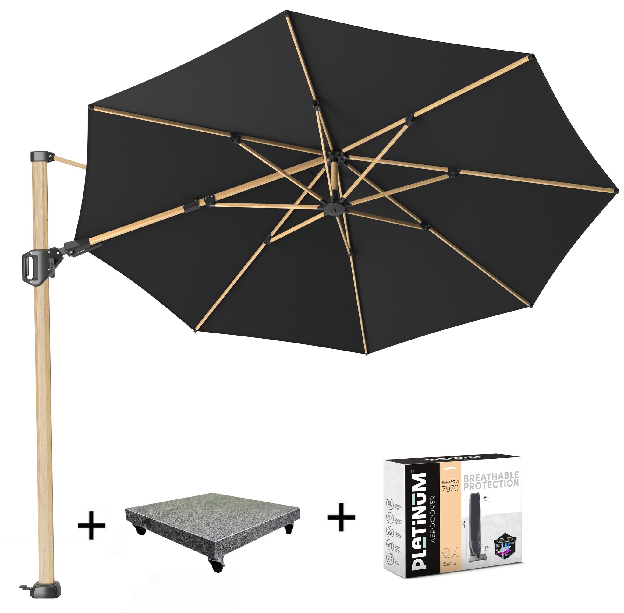 Platinum Challenger T2 premium zweefparasol 350 cm rond oak mast faded black  met 90 KG voet en hoes