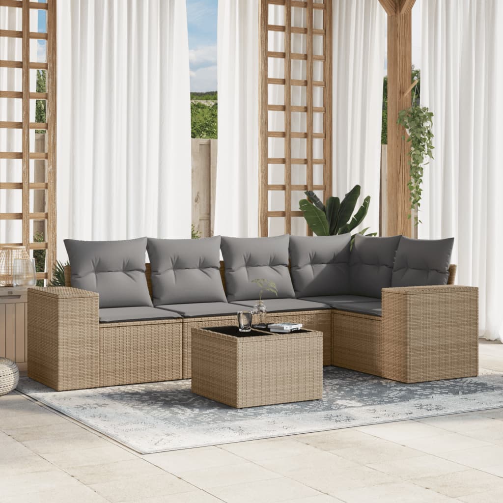 VidaXL 6-delige Loungeset met kussens poly rattan beige