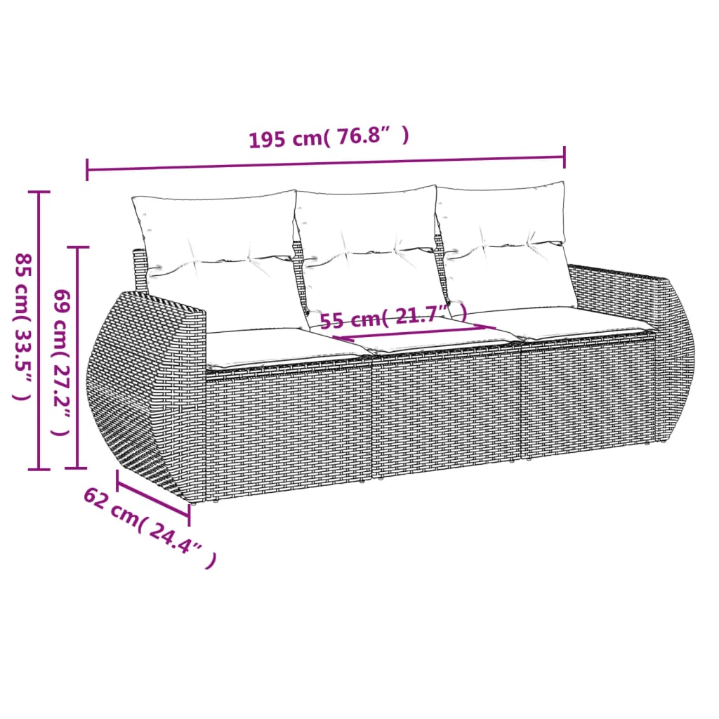 vidaXL 3-delige Loungeset met kussens poly rattan bruin