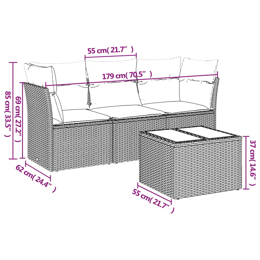 vidaXL 4-delige Loungeset met kussens poly rattan bruin