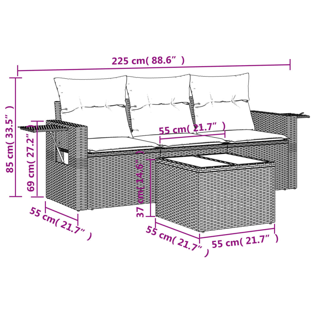 vidaXL 4-delige Loungeset met kussens poly rattan bruin