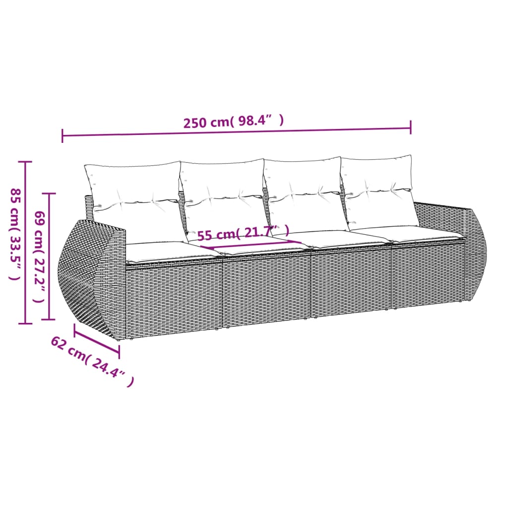 vidaXL 4-delige Loungeset met kussens poly rattan bruin