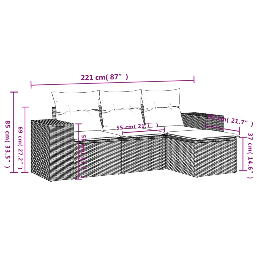 vidaXL 4-delige Loungeset met kussens poly rattan bruin