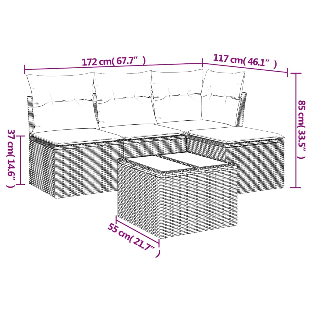 vidaXL 5-delige Loungeset met kussens poly rattan bruin