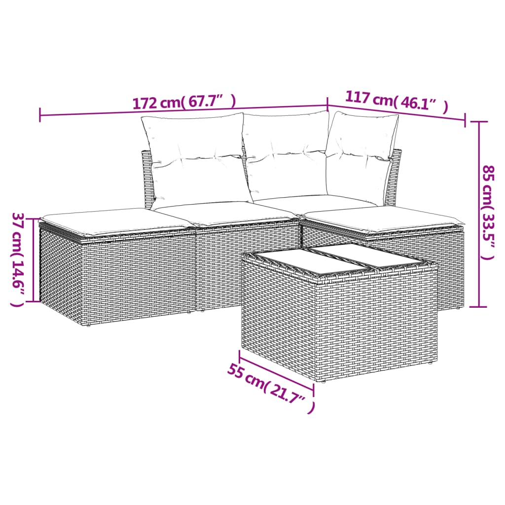 vidaXL 5-delige Loungeset met kussens poly rattan bruin