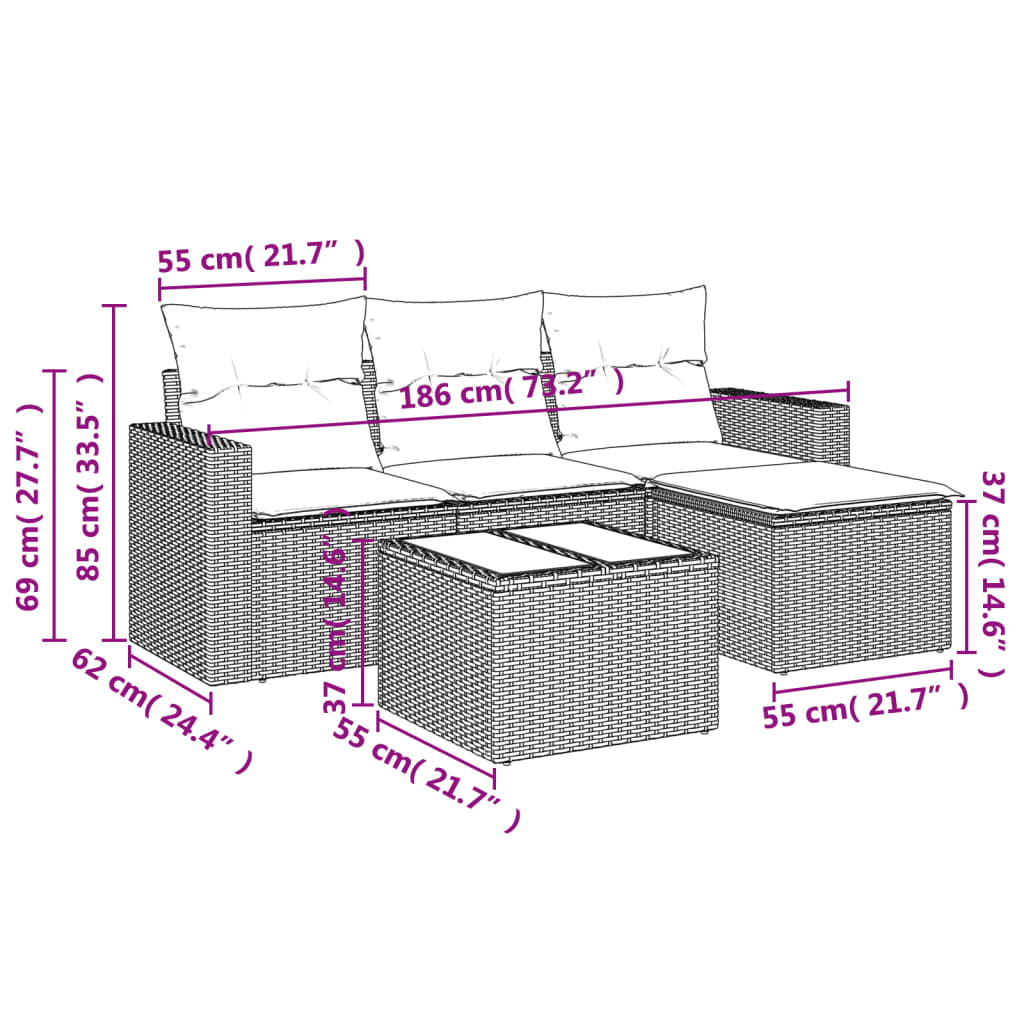 vidaXL 5-delige Loungeset met kussens poly rattan bruin