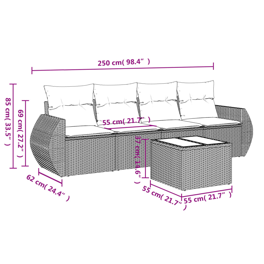 vidaXL 5-delige Loungeset met kussens poly rattan bruin