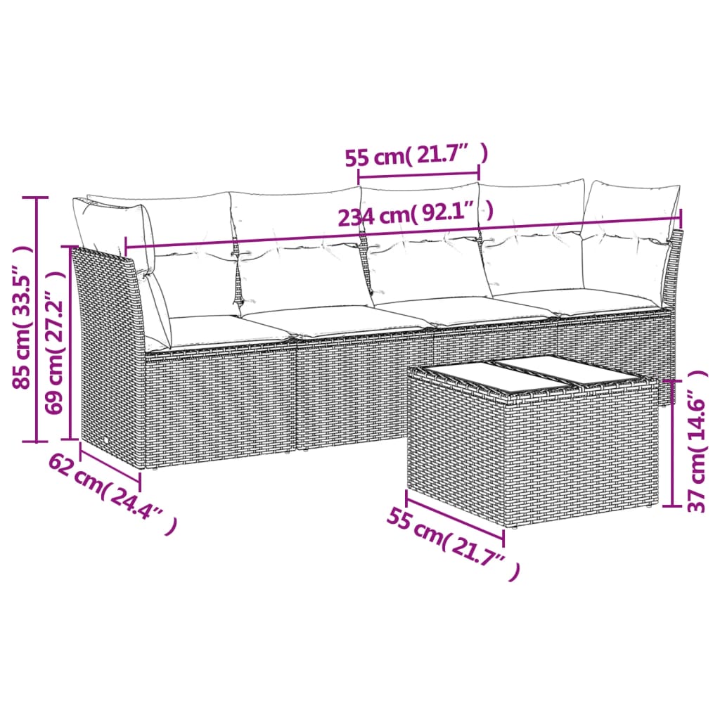 vidaXL 5-delige Loungeset met kussens poly rattan bruin