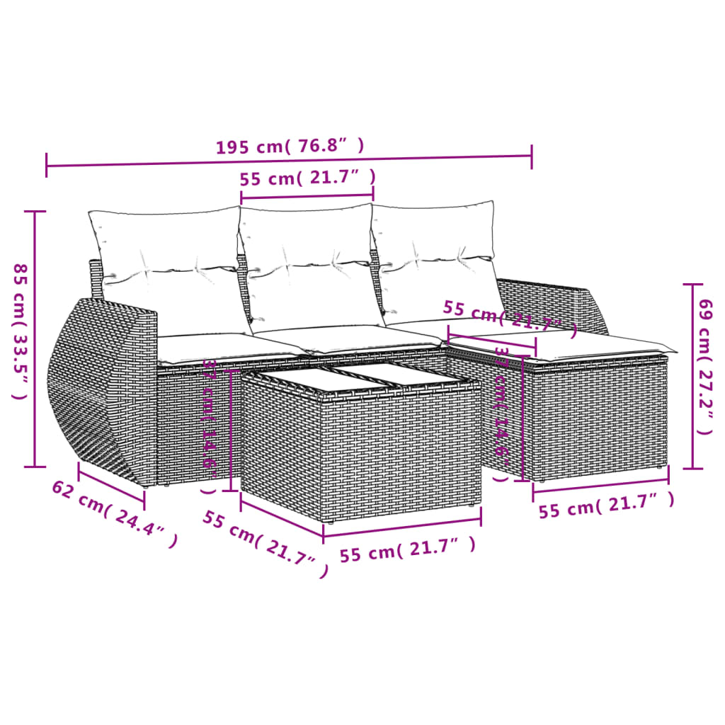 vidaXL 5-delige Loungeset met kussens poly rattan bruin