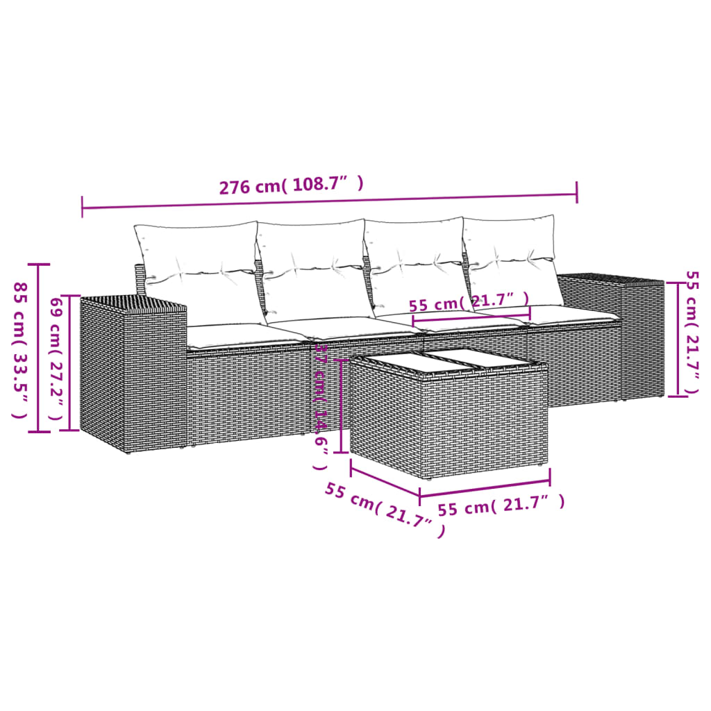 vidaXL 5-delige Loungeset met kussens poly rattan bruin