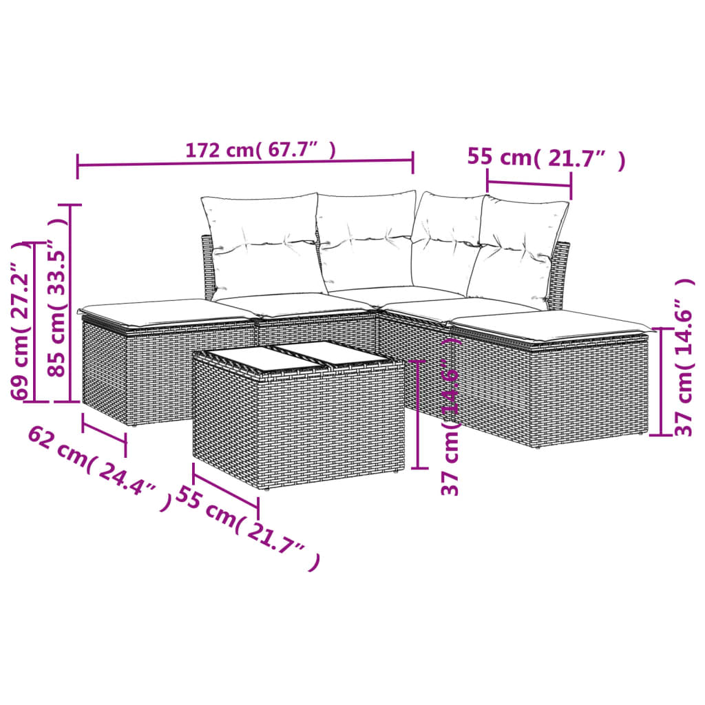 vidaXL 6-delige Loungeset met kussens poly rattan bruin