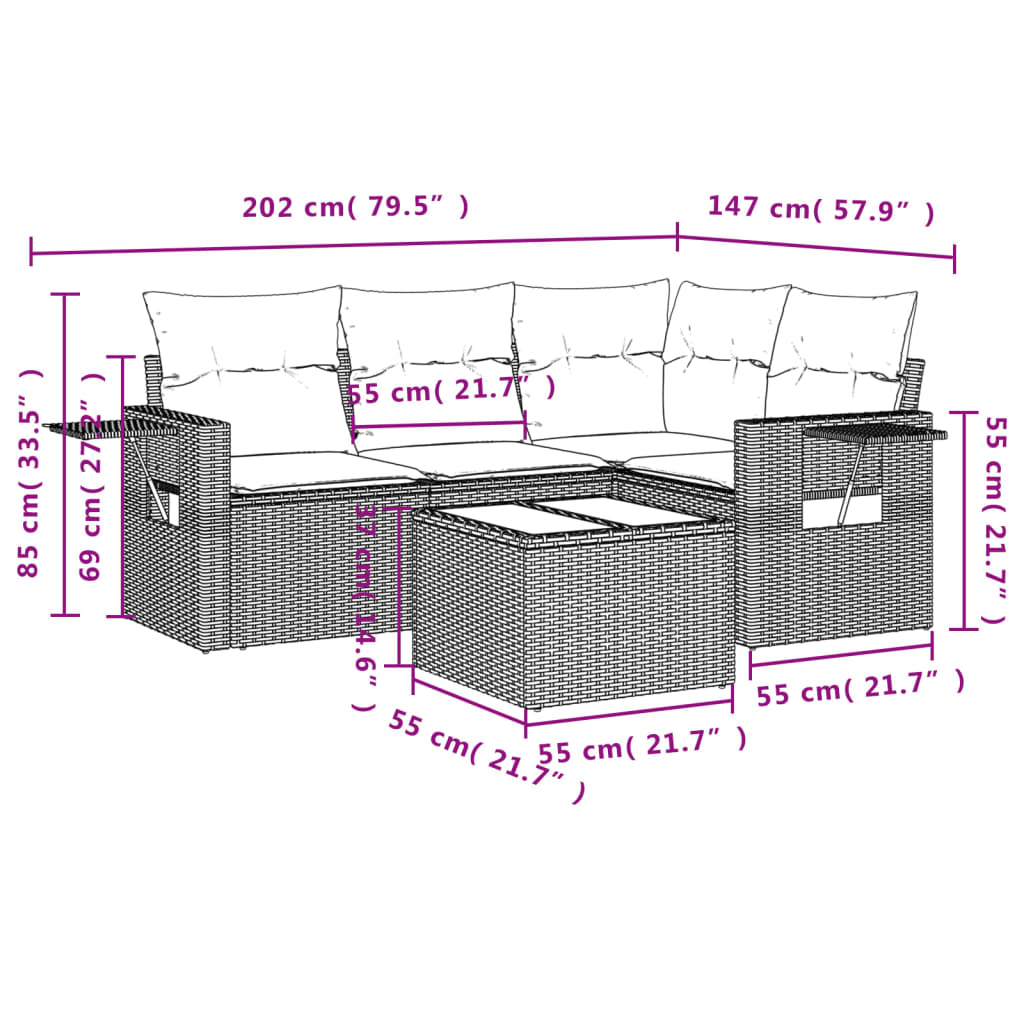 vidaXL 5-delige Loungeset met kussens poly rattan bruin