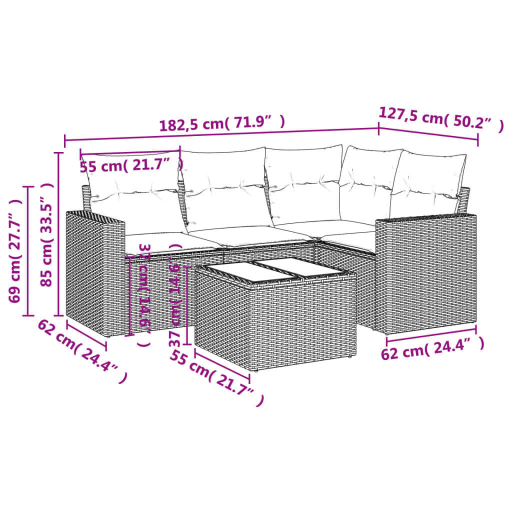 vidaXL 5-delige Loungeset met kussens poly rattan bruin