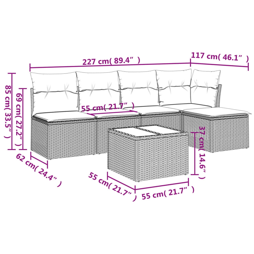 vidaXL 6-delige Loungeset met kussens poly rattan bruin