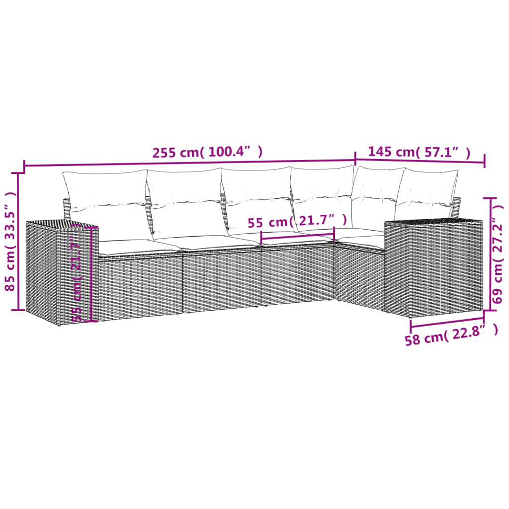 vidaXL 5-delige Loungeset met kussens poly rattan bruin