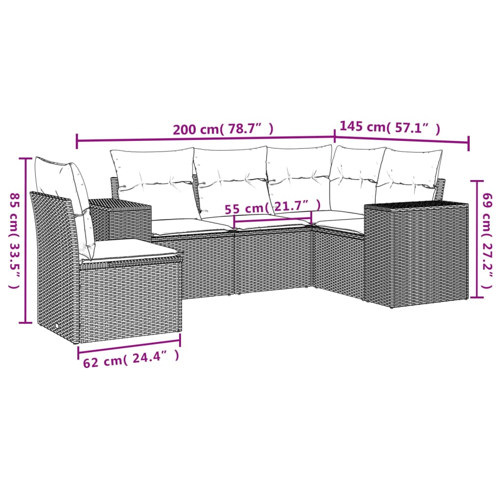 vidaXL 5-delige Loungeset met kussens poly rattan bruin