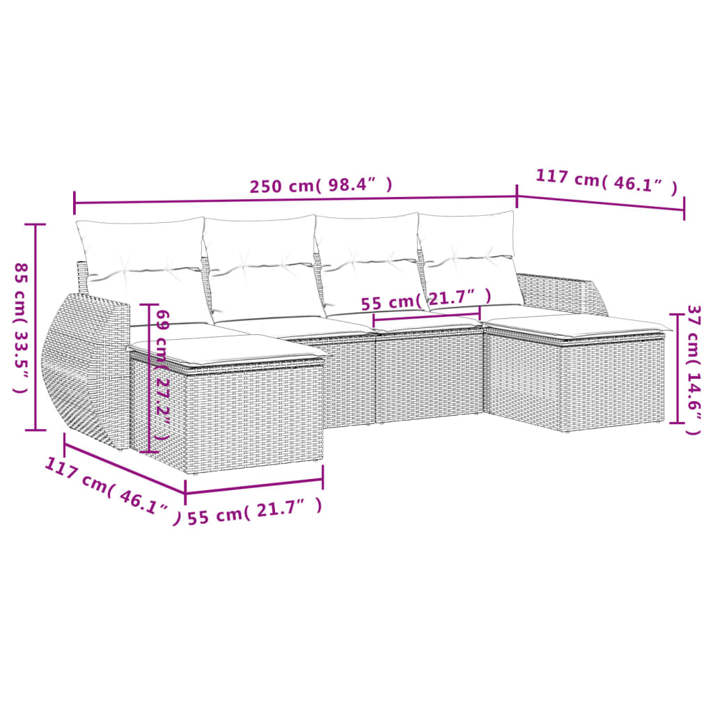 vidaXL 6-delige Loungeset met kussens poly rattan bruin