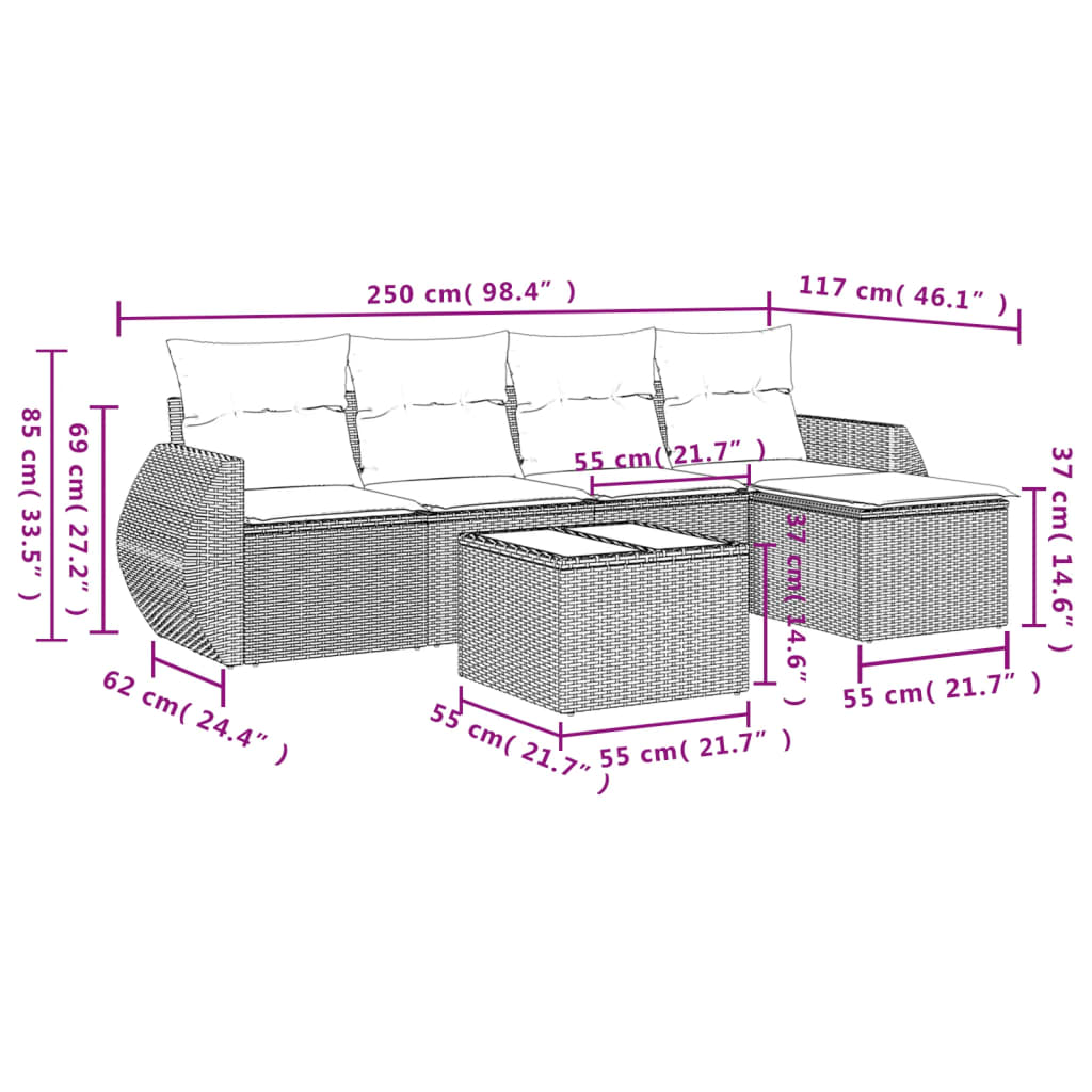 vidaXL 6-delige Loungeset met kussens poly rattan bruin