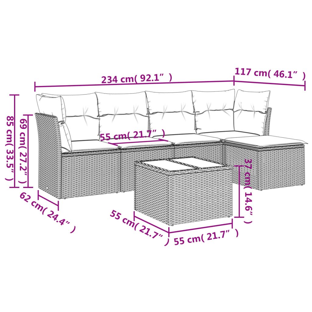 vidaXL 6-delige Loungeset met kussens poly rattan bruin