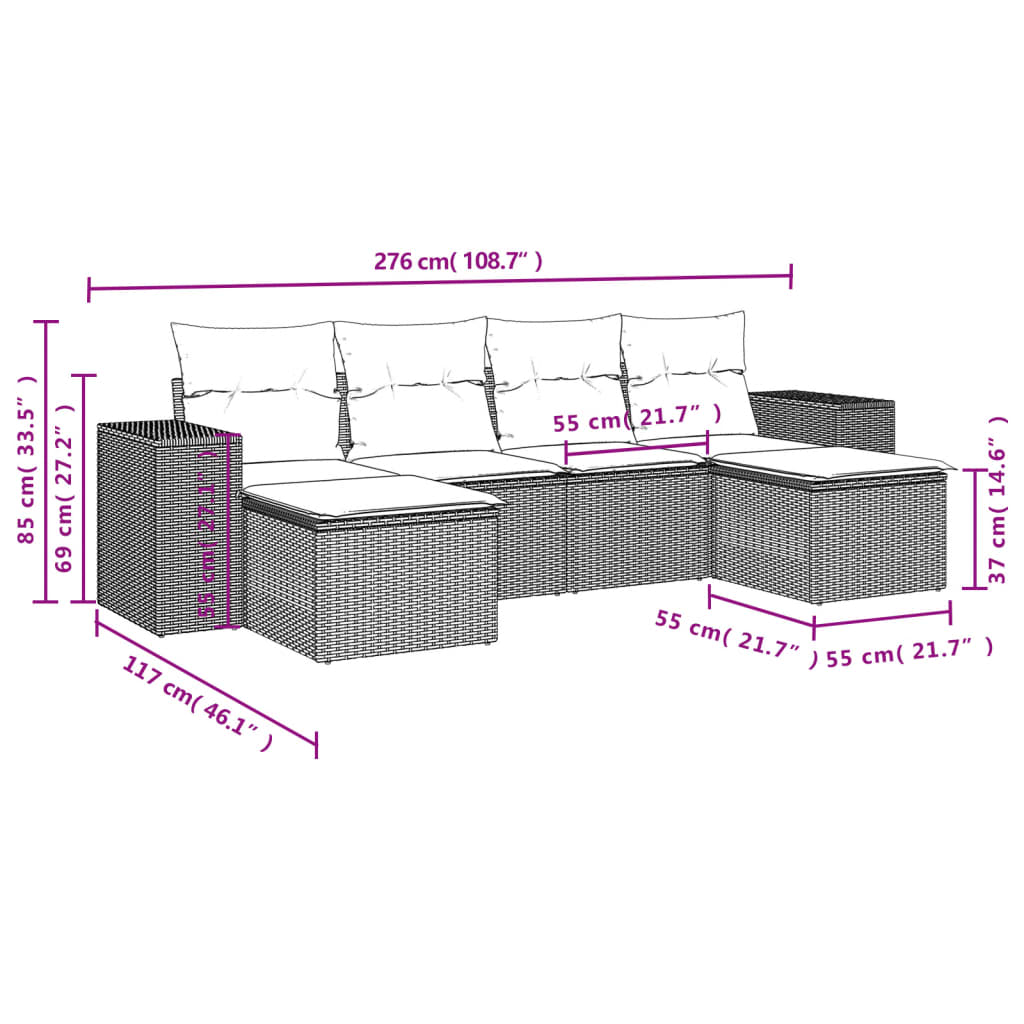 vidaXL 6-delige Loungeset met kussens poly rattan bruin