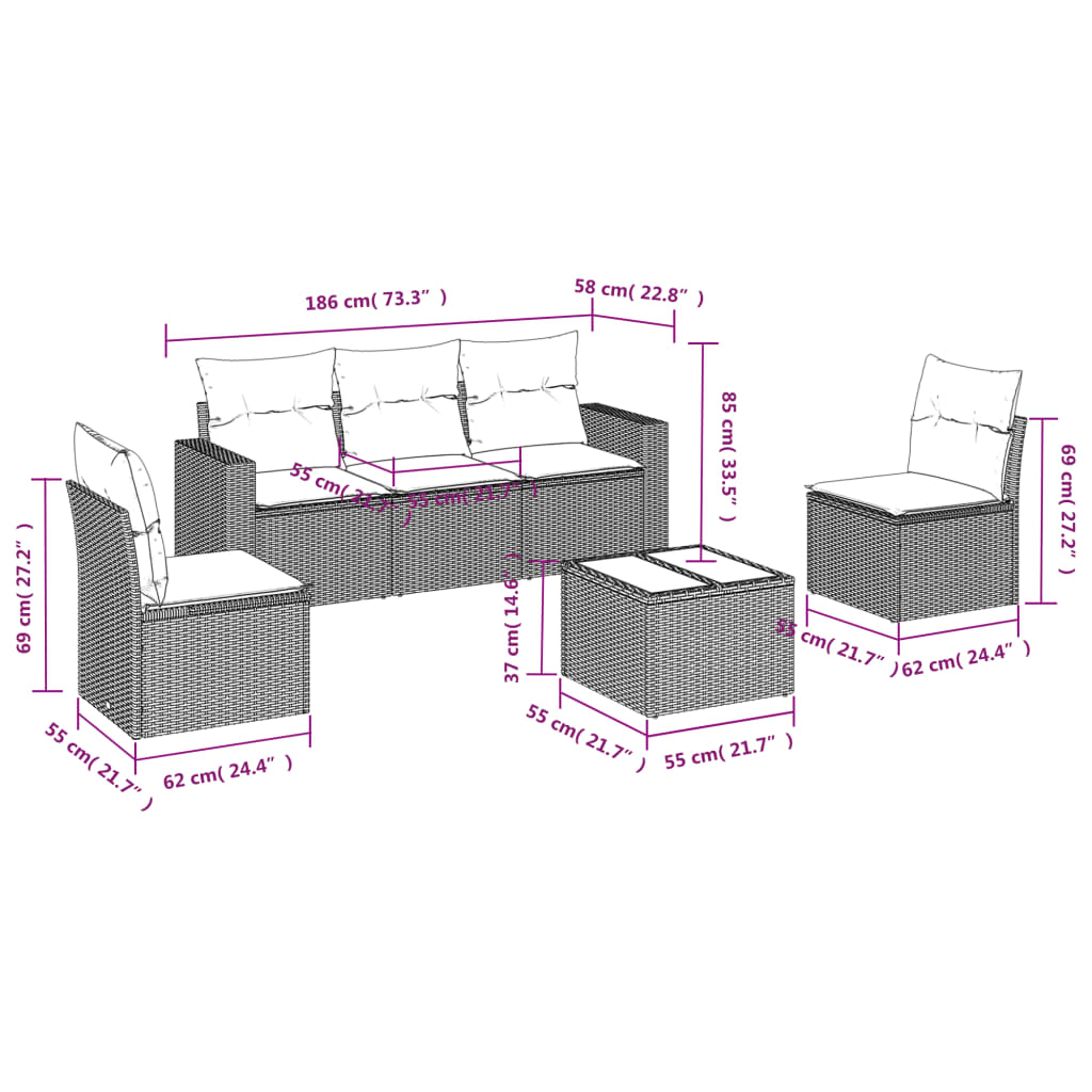 vidaXL 6-delige Loungeset met kussens poly rattan bruin