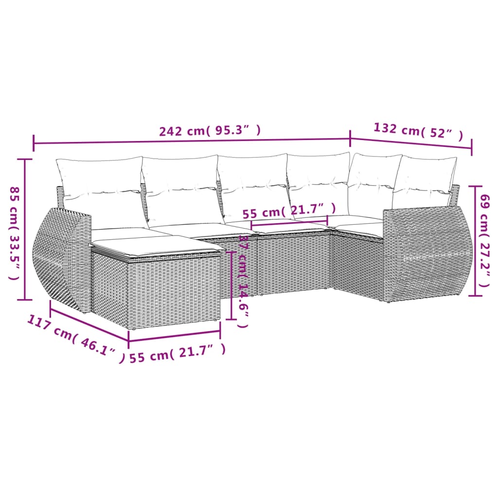 vidaXL 6-delige Loungeset met kussens poly rattan bruin