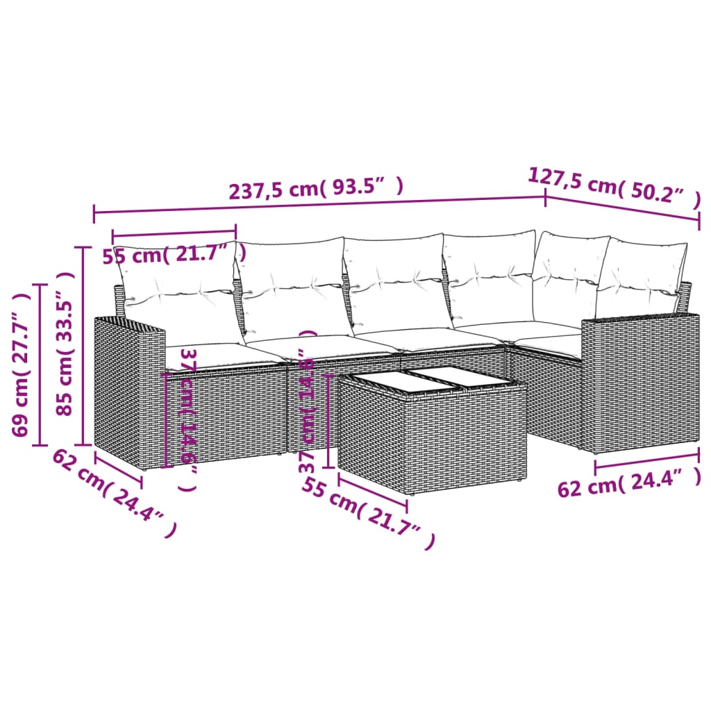 vidaXL 6-delige Loungeset met kussens poly rattan bruin