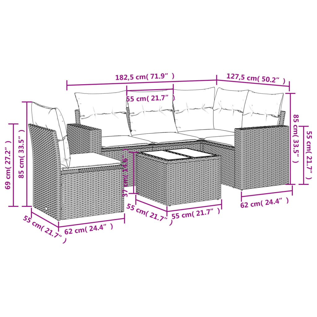 vidaXL 6-delige Loungeset met kussens poly rattan bruin